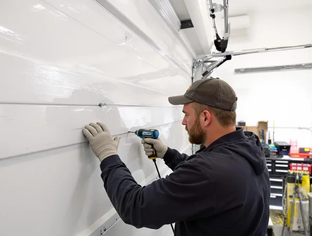 Oxford Garage Door Repair technician demonstrating precision dent removal techniques on a Oxford garage door