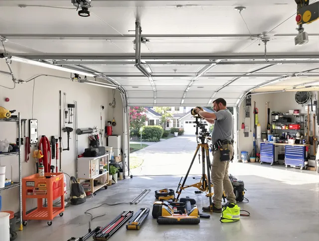 Oxford Garage Door Repair specialist performing laser-guided track alignment in Oxford